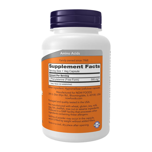 NOW Foods L-Phenylalanine 500mg – 120 Veg Capsules, supplement facts panel