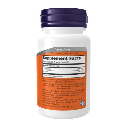 NOW Foods, L-Theanine, 120 Veg Capsules, supplement facts panel