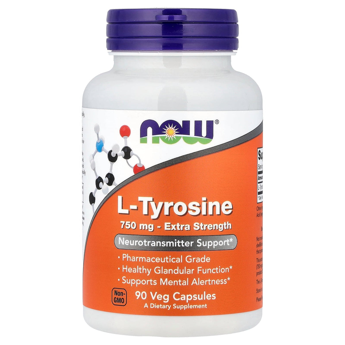 NOW Foods L-Tyrosine 750 mg Extra Strength, 90 capsules, front of bottle - Image 1