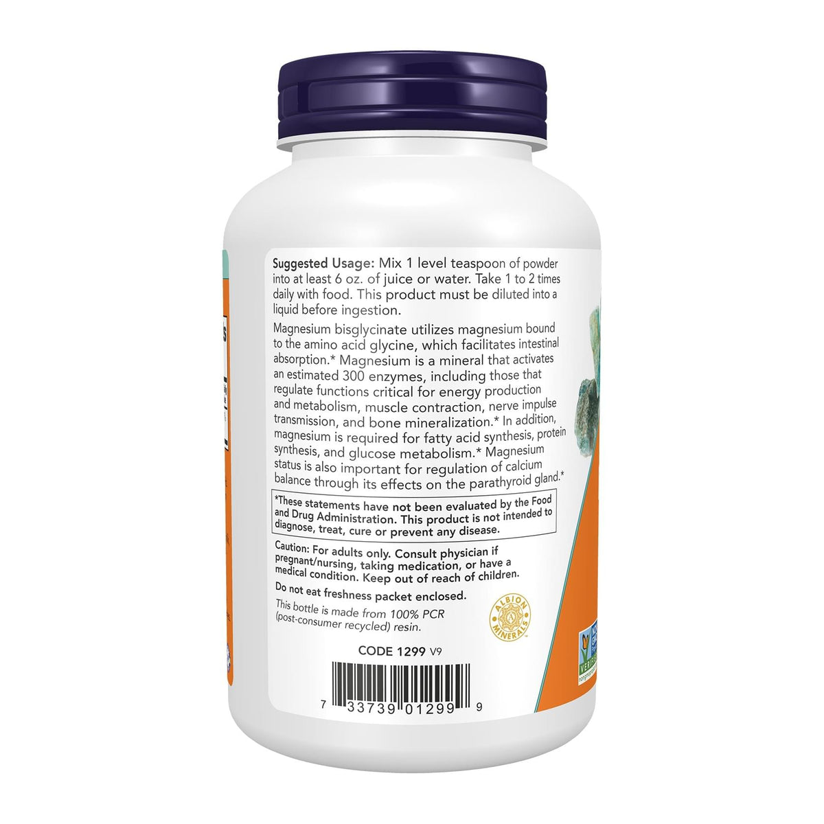 Now Foods Magnesium Bisglycinate Powder 300 Mg, directions label - Image 3