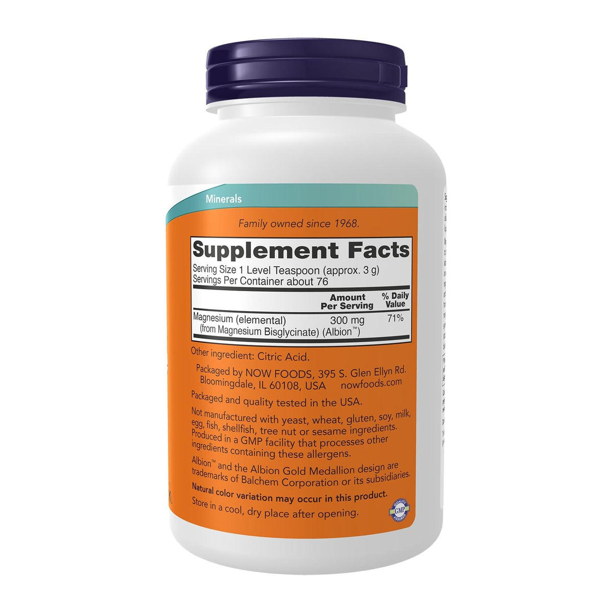 Now Foods Magnesium Bisglycinate Powder 300 Mg, supplement facts panel - Image 2