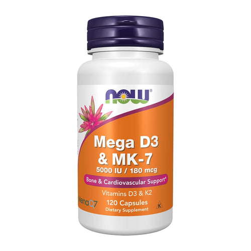 NOW Foods, Mega D-3 & MK-7, 5,000 IU / 180 mcg, 120 Capsules, front of bottle
