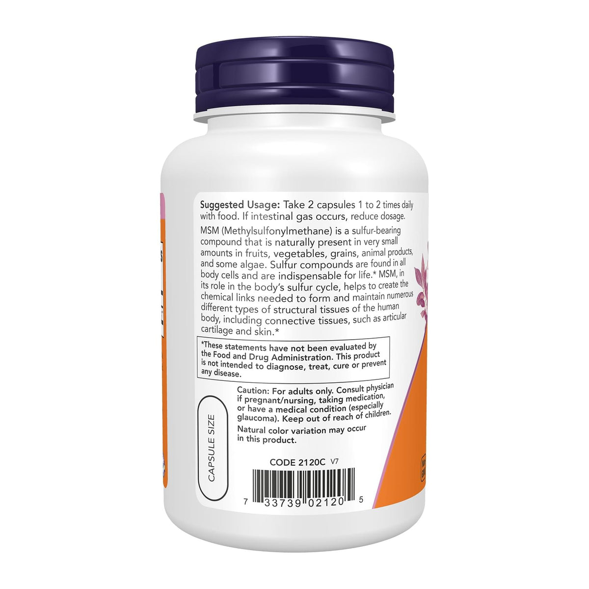 MSM 1000mg by NOW, directions label - Image 3