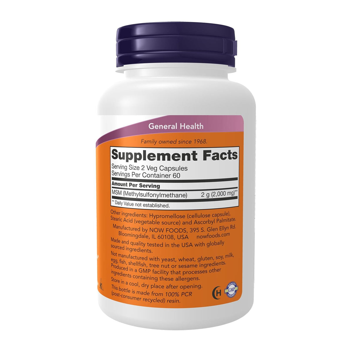 MSM 1000mg by NOW, supplement facts panel - Image 2