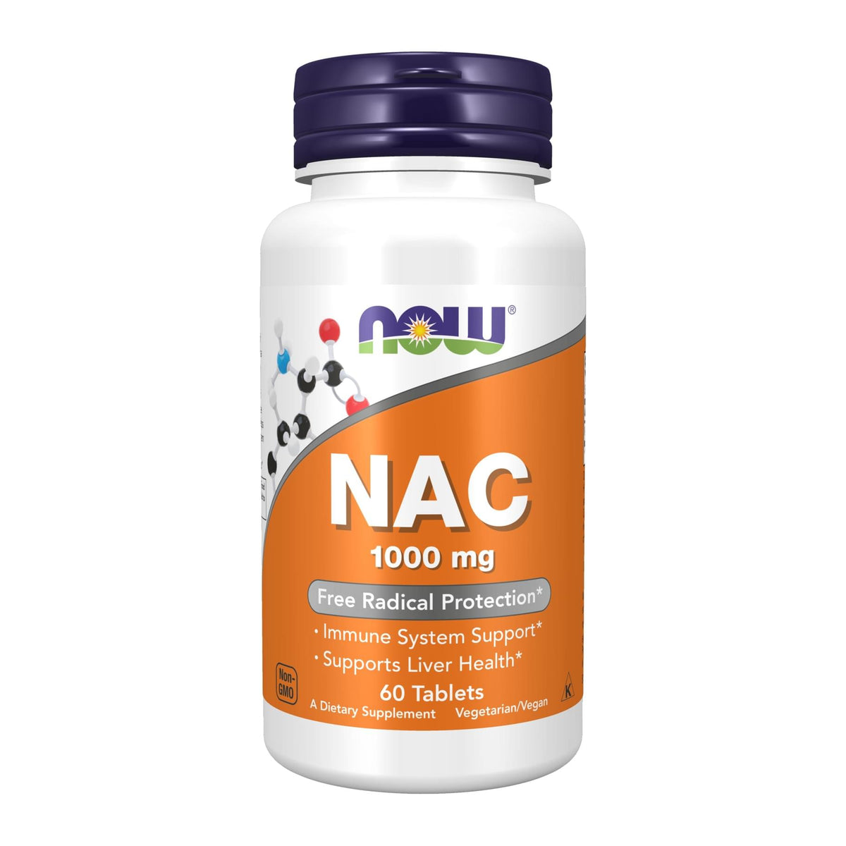 NOW Foods NAC 1000mg 60 caps, front of bottle - Image 1