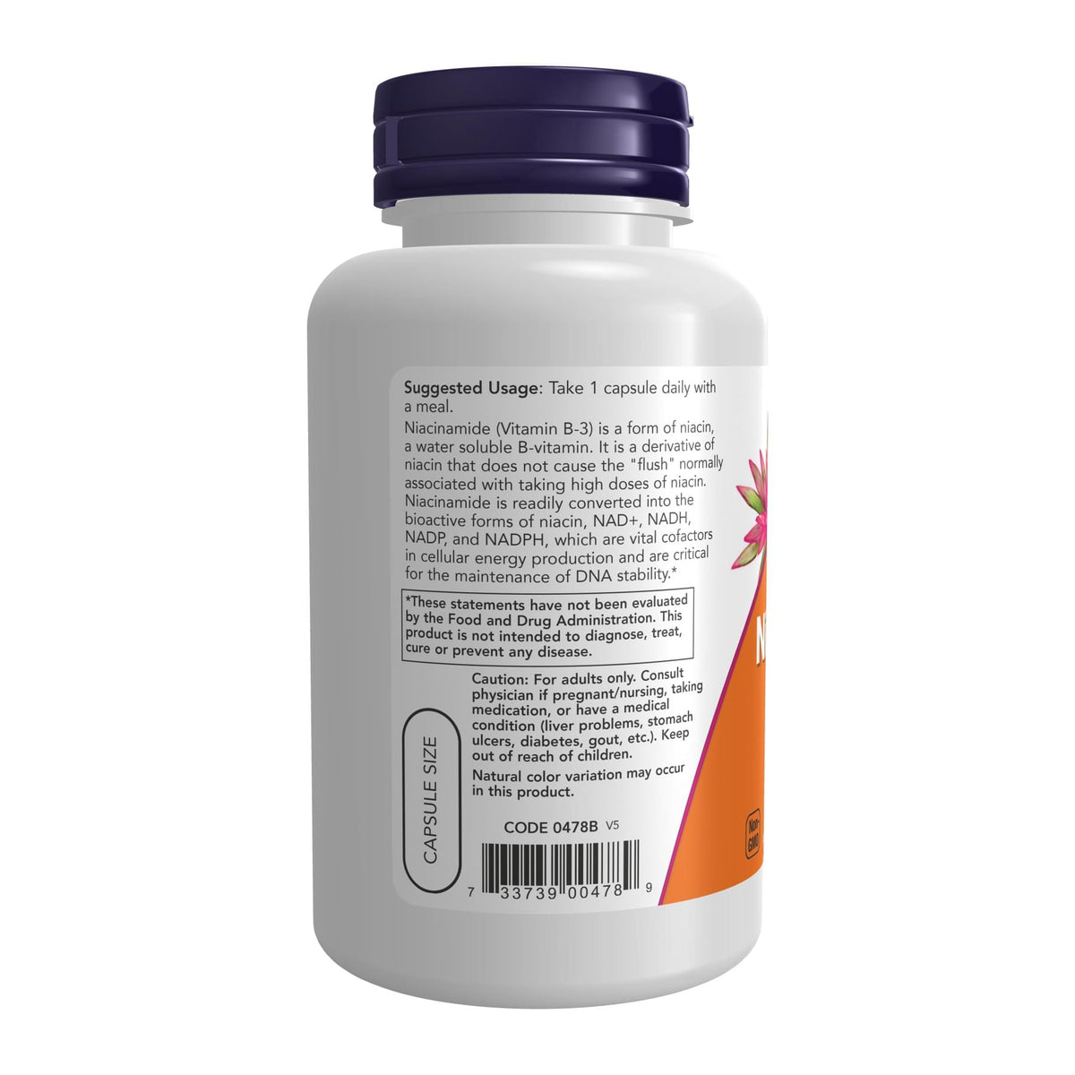 NOW Foods Niacinamide - Vitamin B3 -- 500 mg - 100 Capsules, directions label - Image 3