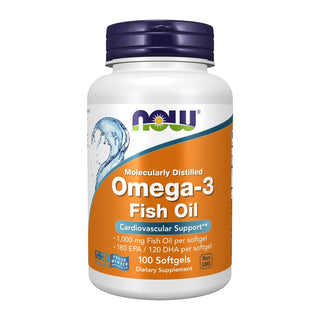 Omega 3 1000 mg by NOW Foods, front of 100 softgel bottle