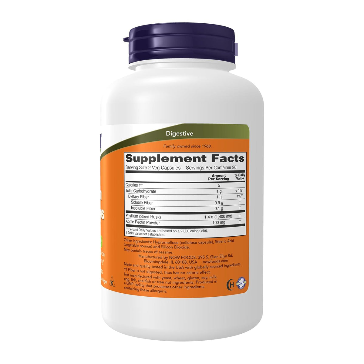 NOW Foods, Psyllium Husk Caps, 700 mg, 180 Veg Capsules, supplement facts panel - Image 2