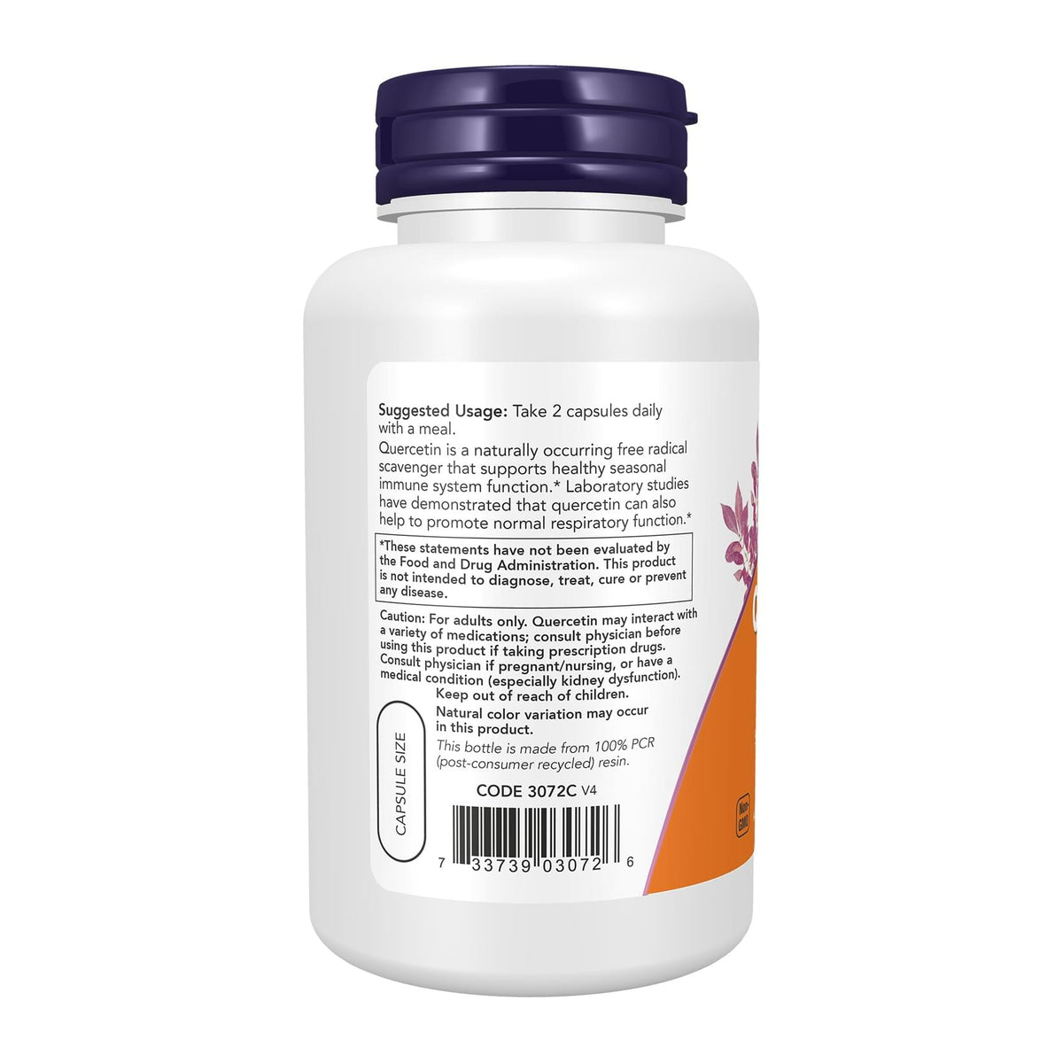 NOW Foods, Quercetin, 500 mg, 100 Veg Capsules, directions label - Image 3