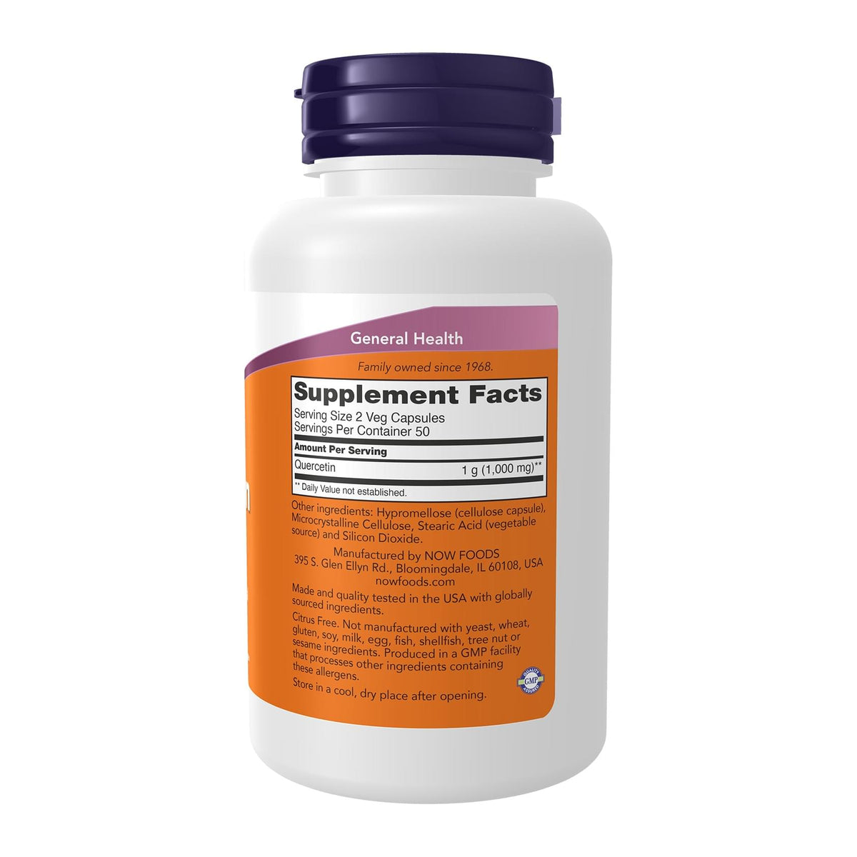 NOW Foods, Quercetin, 500 mg, 100 Veg Capsules, supplement facts panel - Image 2