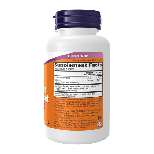Red Yeast Rice Extract, 60 Tablets By NOW Foods, supplement facts panel