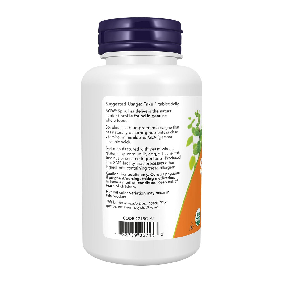 Now foods Spirulina 1000 mg 120 Tablets, directions label - Image 3