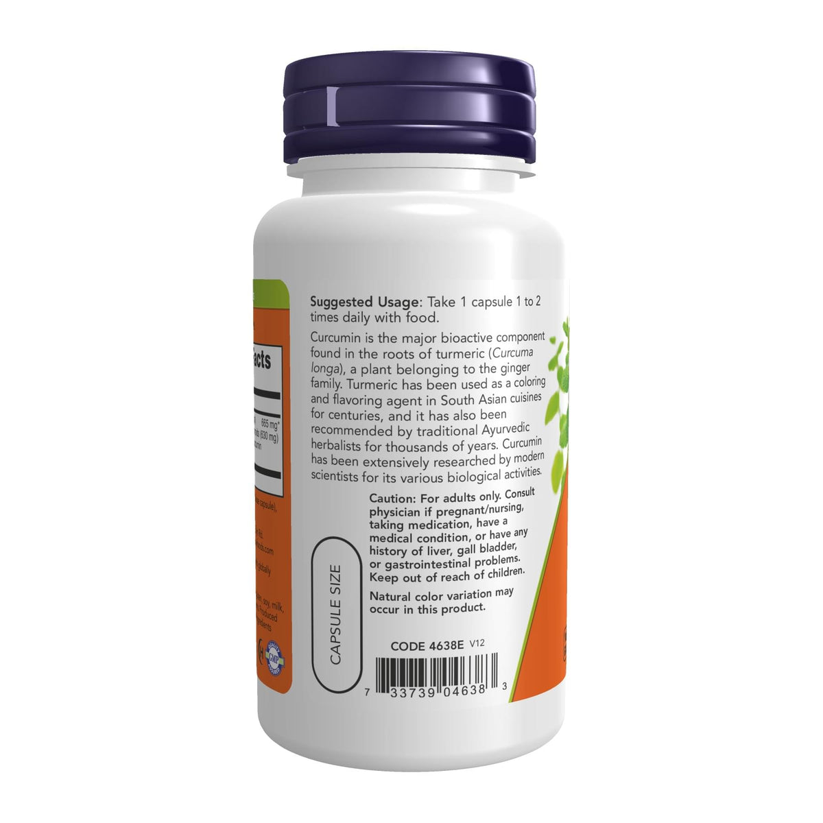 NOW Foods, Turmeric Curcumin, 60 Veg Capsules (665 mg per Capsule), directions label - Image 3