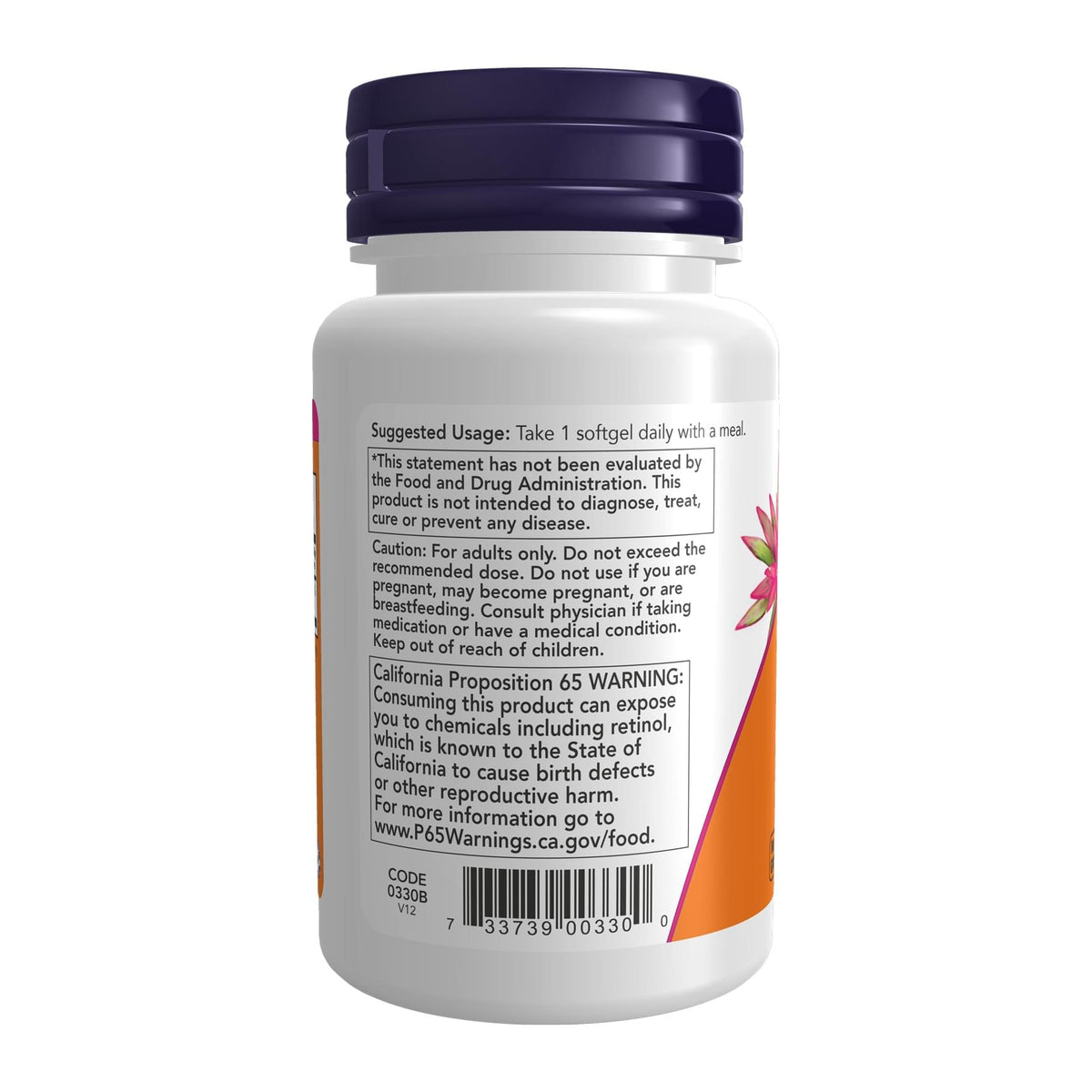 Now Foods Vitamin A 10,000 IU 100 Sgels, directions label - Image 3