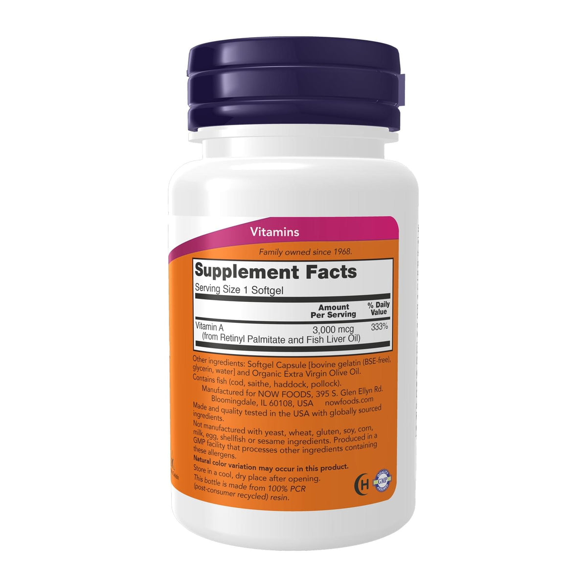 Now Foods Vitamin A 10,000 IU 100 Sgels, supplement facts panel - Image 2