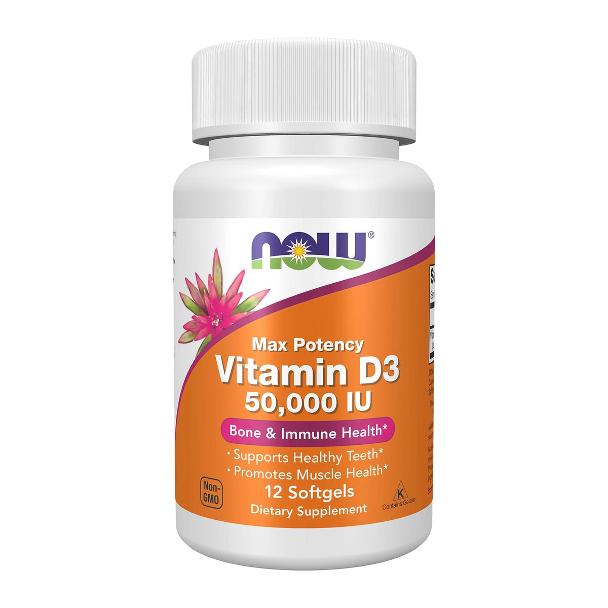 NOW Foods Vitamin D-3 50,000 IU, 12 softgel front of bottle - Image 4