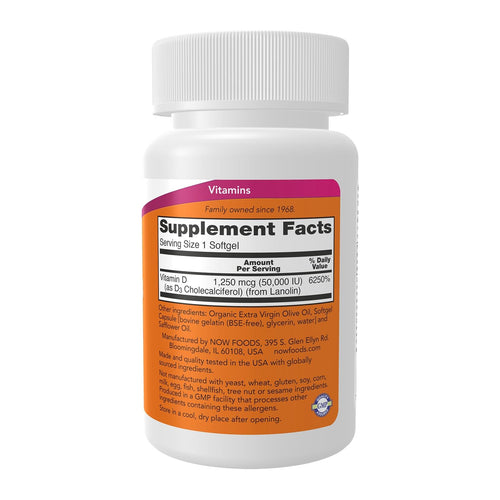 NOW Foods Vitamin D-3 50,000 IU, supplement facts panel