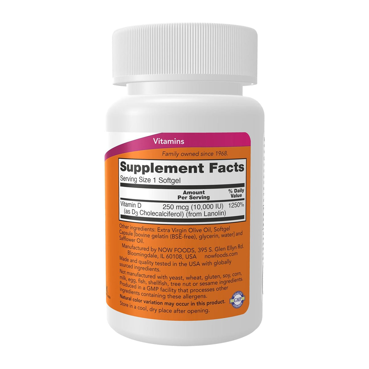 Vitamin D3 10,000 IU By NOW, supplement facts panel - Image 4