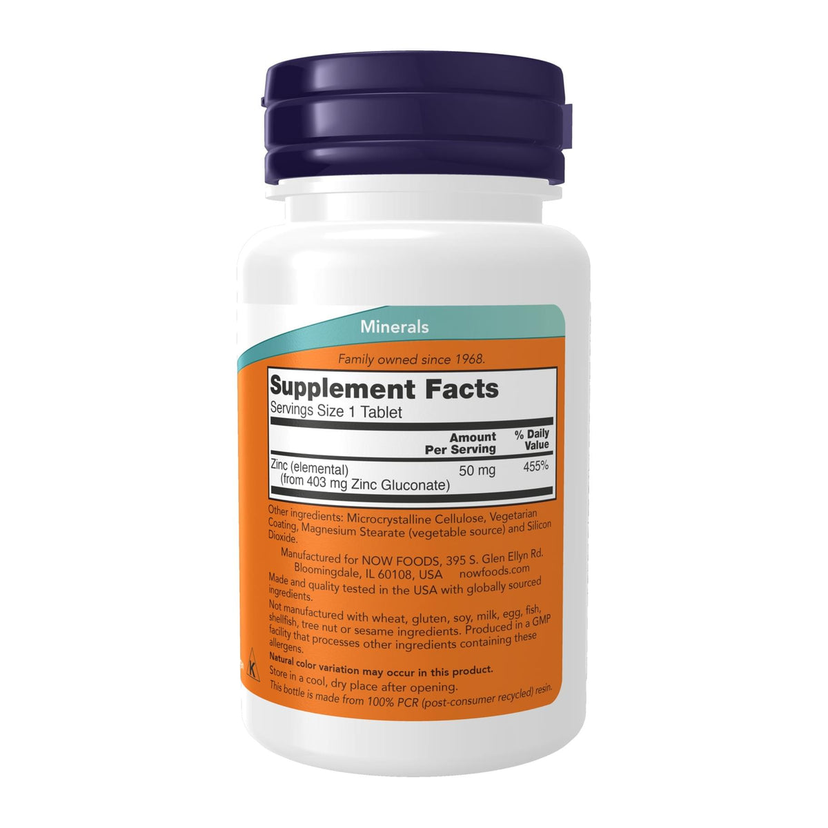 Zinc 50 mg by Now Foods, supplement facts panel - Image 3