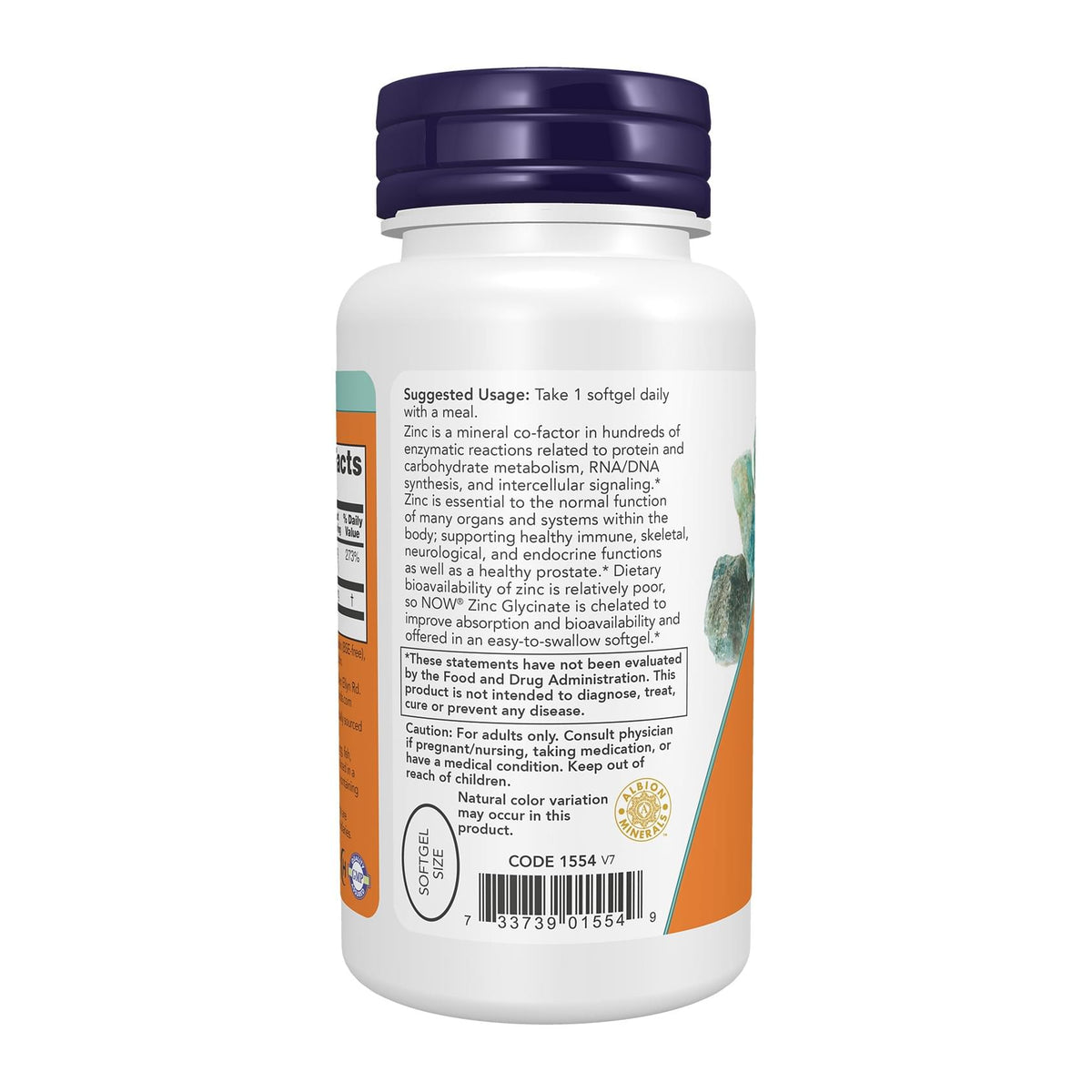 NOW Foods, Zinc Glycinate, 120 Softgels, directions label - Image 3