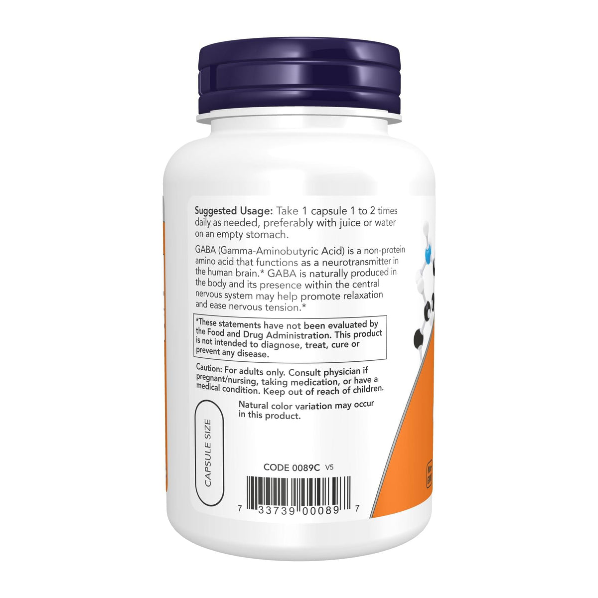 NOW GABA 750 mg,100 Veg Capsules, directions label - Image 3