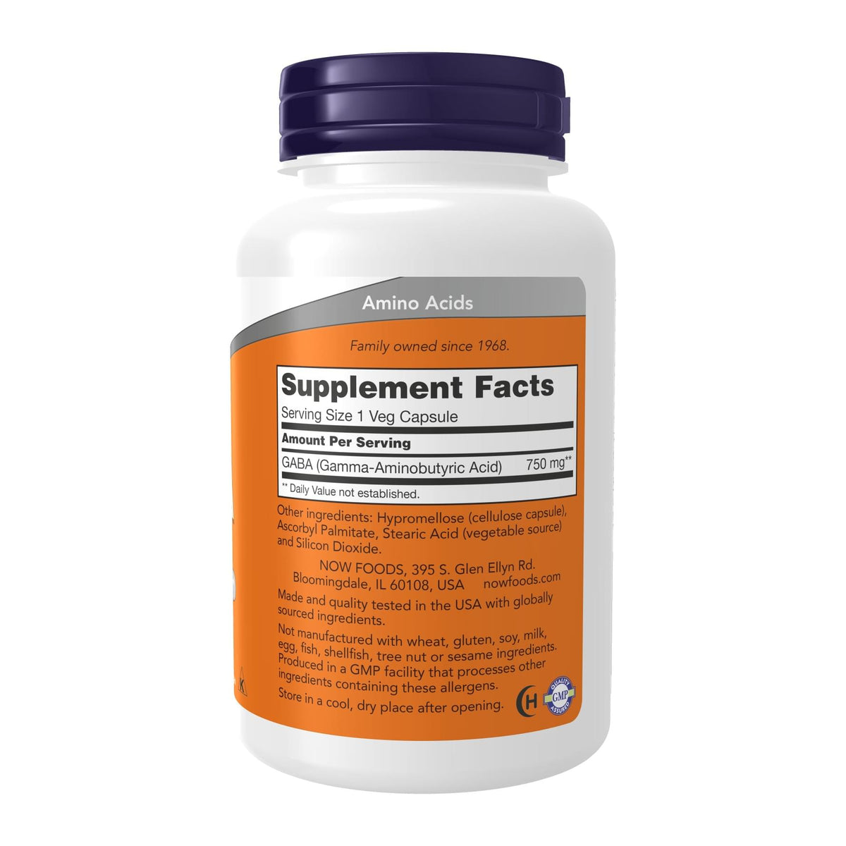 NOW GABA 750 mg,100 Veg Capsules, supplement facts panel - Image 2
