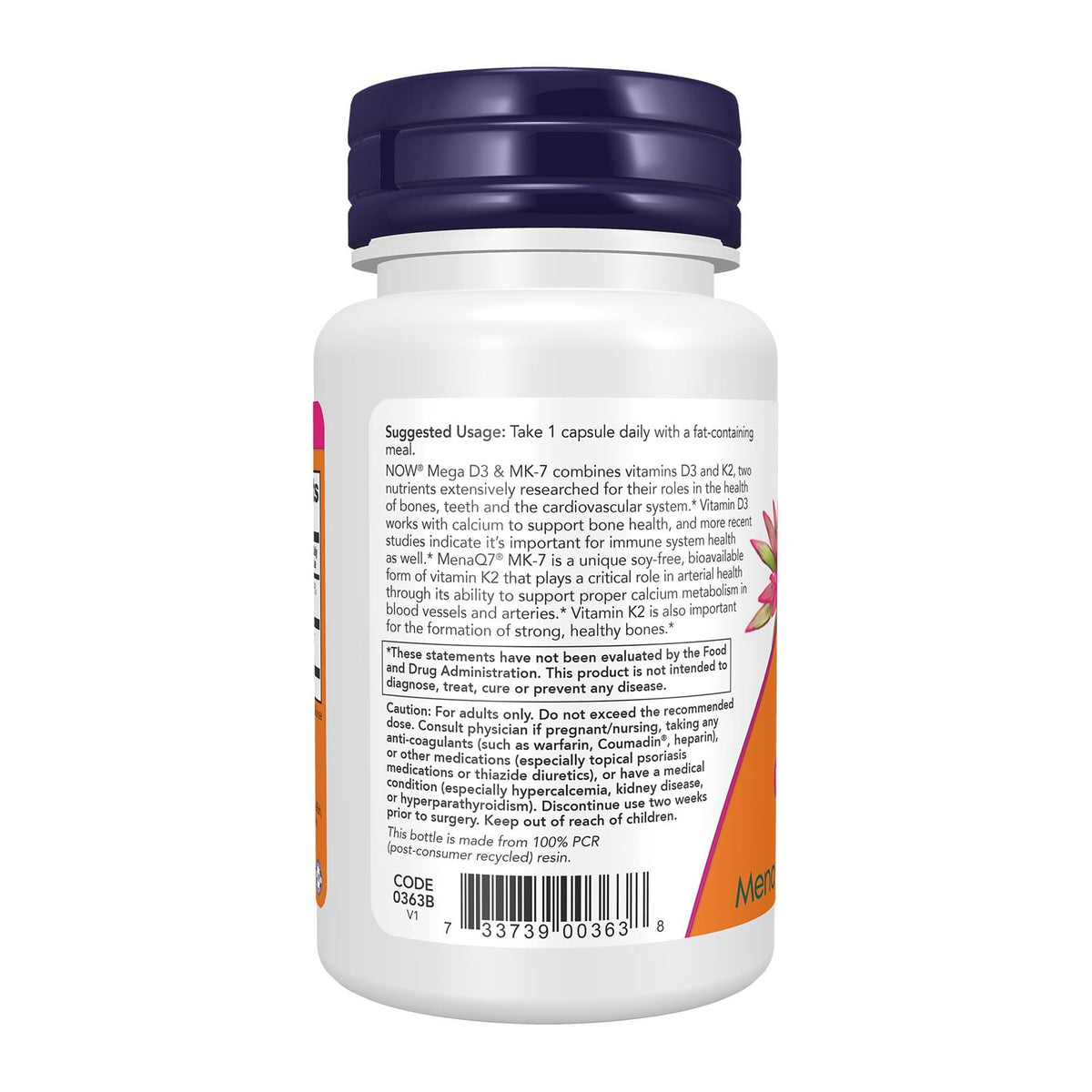 NOW Mega D-3 & MK-7 with Vitamins D-3 & K-2, 60 Veg Capsules, directions label - Image 4
