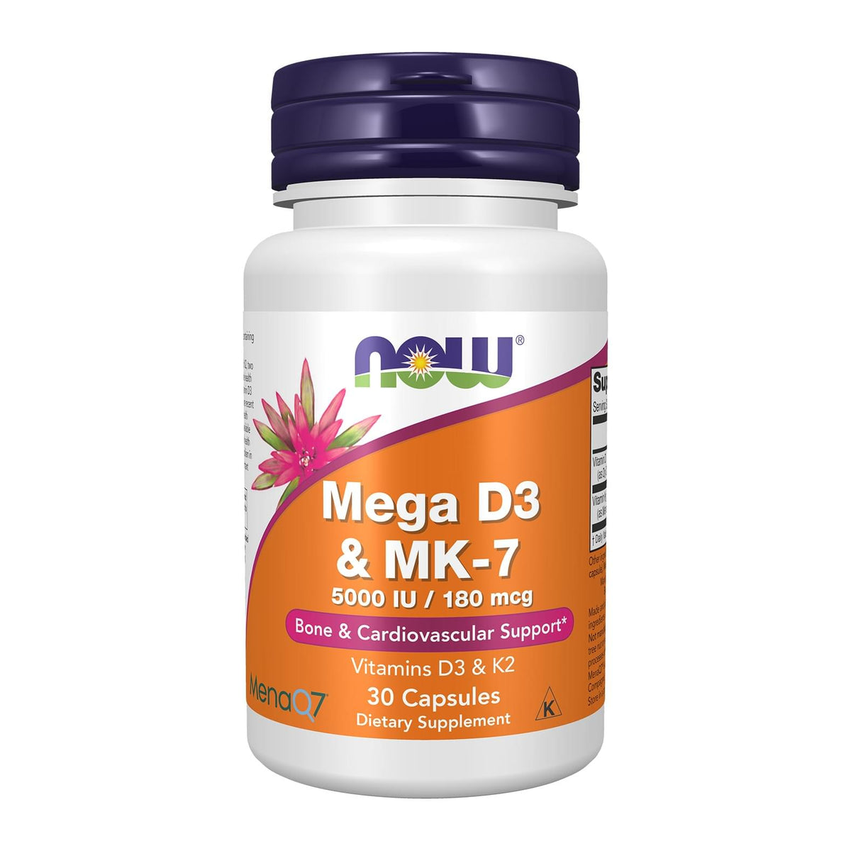 NOW Mega D-3 & MK-7 with Vitamins D-3 & K-2, 60 Veg Capsules, front of 30 capsule bottle - Image 2
