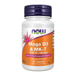 NOW Mega D-3 & MK-7 with Vitamins D-3 & K-2, 60 Veg Capsules, front of 60 capsule bottle