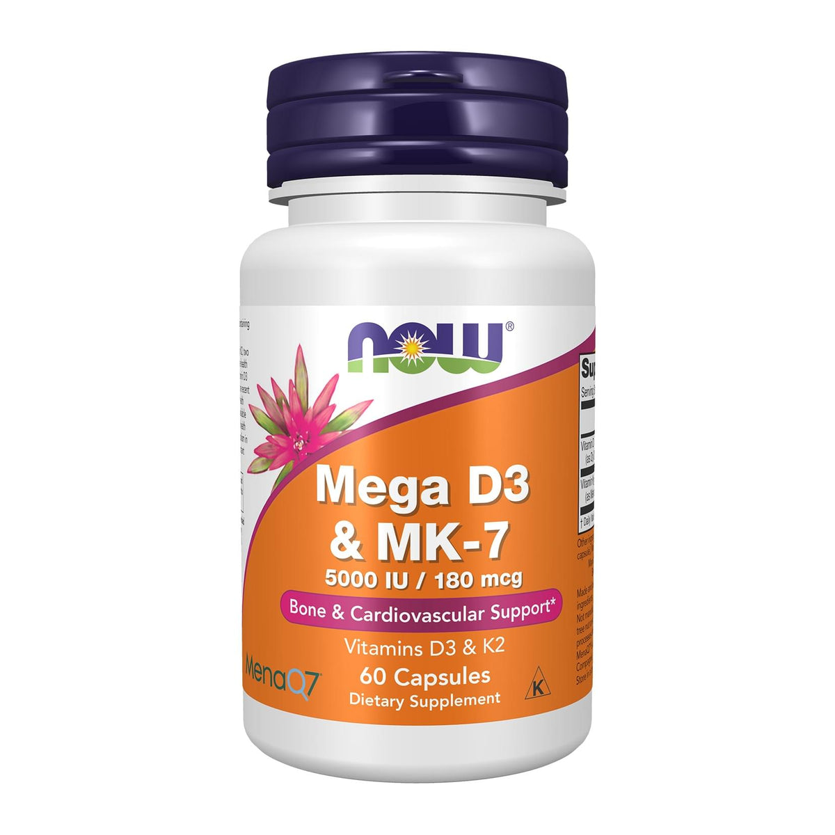 NOW Mega D-3 & MK-7 with Vitamins D-3 & K-2, 60 Veg Capsules, front of 60 capsule bottle - Image 1