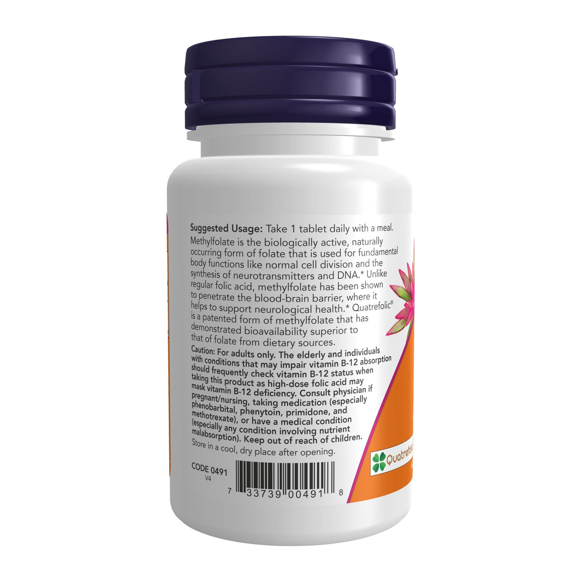 NOW Methyl Folate 1,000 mcg, 90 Tablets, directions label - Image 3