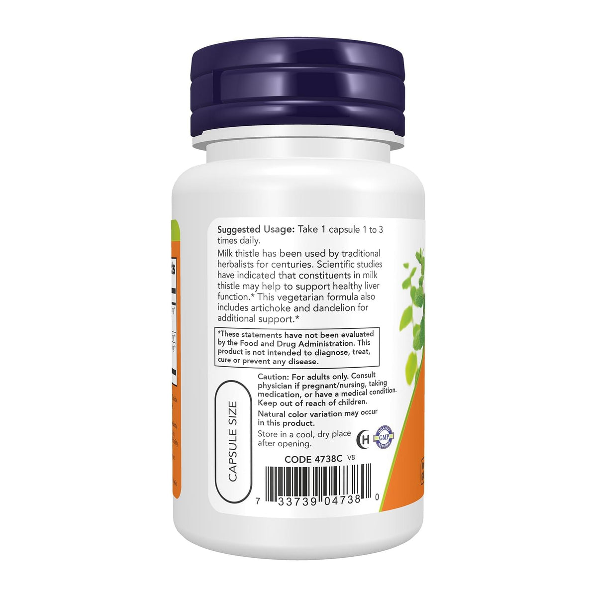 NOW Milk Thistle, Double Strength 300 mg, directions label - Image 4