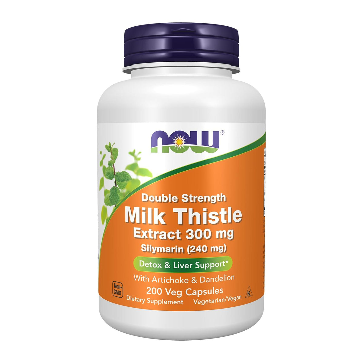 NOW Milk Thistle, Double Strength 300 mg, front of 200 capsule bottle - Image 2
