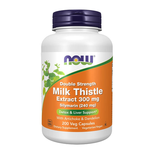NOW Milk Thistle, Double Strength 300 mg, front of 200 capsule bottle