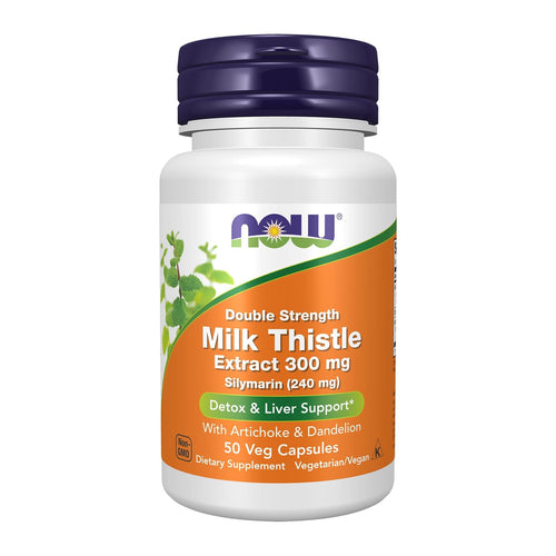 NOW Milk Thistle, Double Strength 300 mg, front of 50 capsule bottle