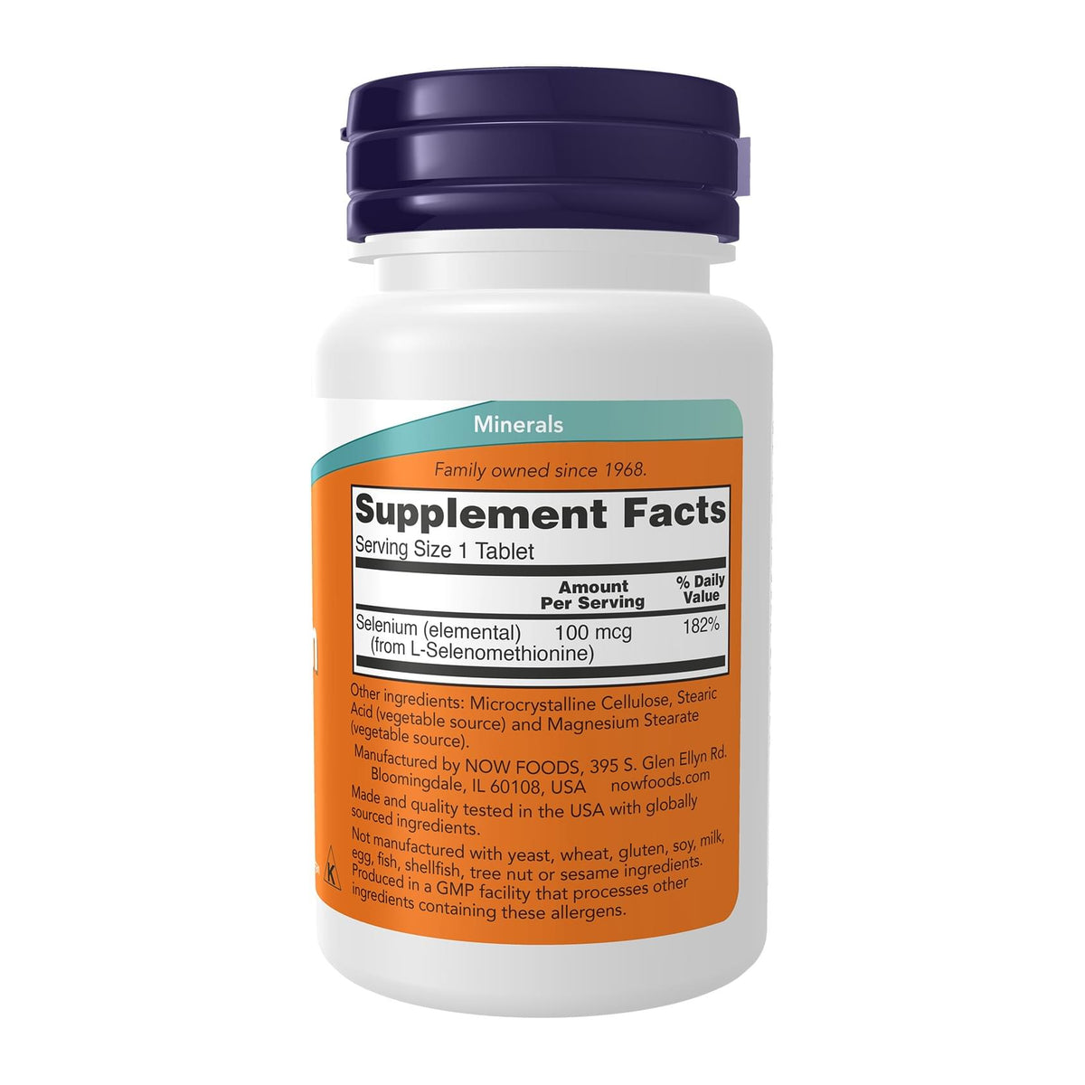 NOW Selenium 100 mcg 100 Tablets, supplement facts panel - Image 2