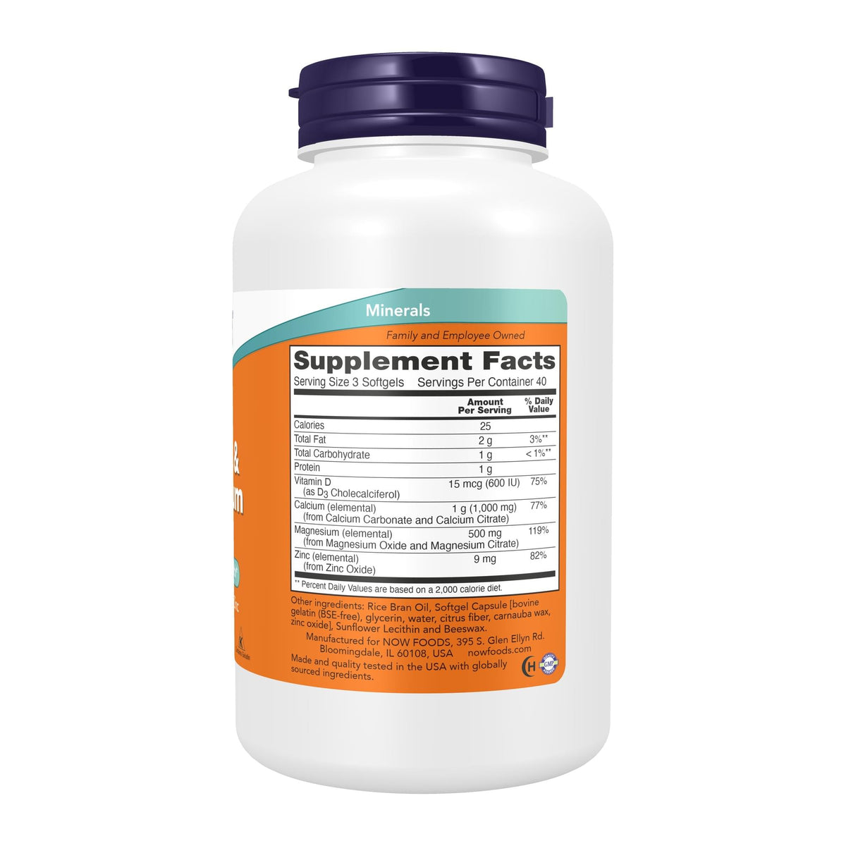 NOW Supplements, Calcium & Magnesium with Vitamin D-3 and Zinc 120 Softgels, supplement facts panel - Image 2