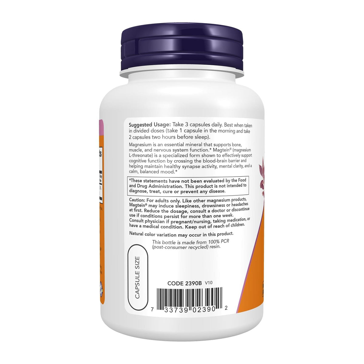 NOW Supplements, Magtein with patented form of Magnesium (Mg), 90 Veg Capsules, directions label - Image 3