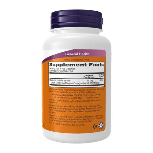 NOW Supplements, Magtein with patented form of Magnesium (Mg), 90 Veg Capsules, supplement facts panel