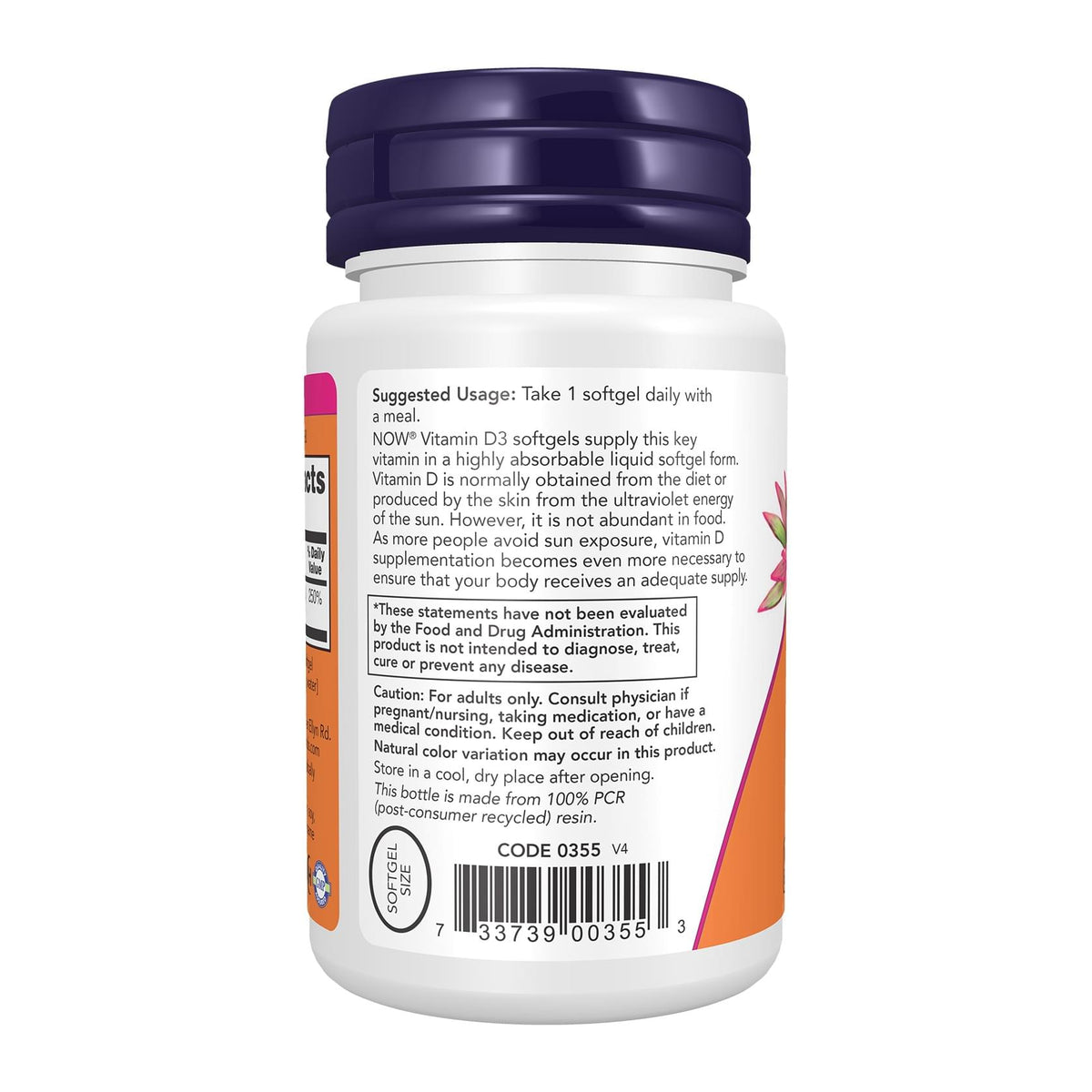 NOW Supplements, Vitamin D-3 2000 IU, directions label - Image 5