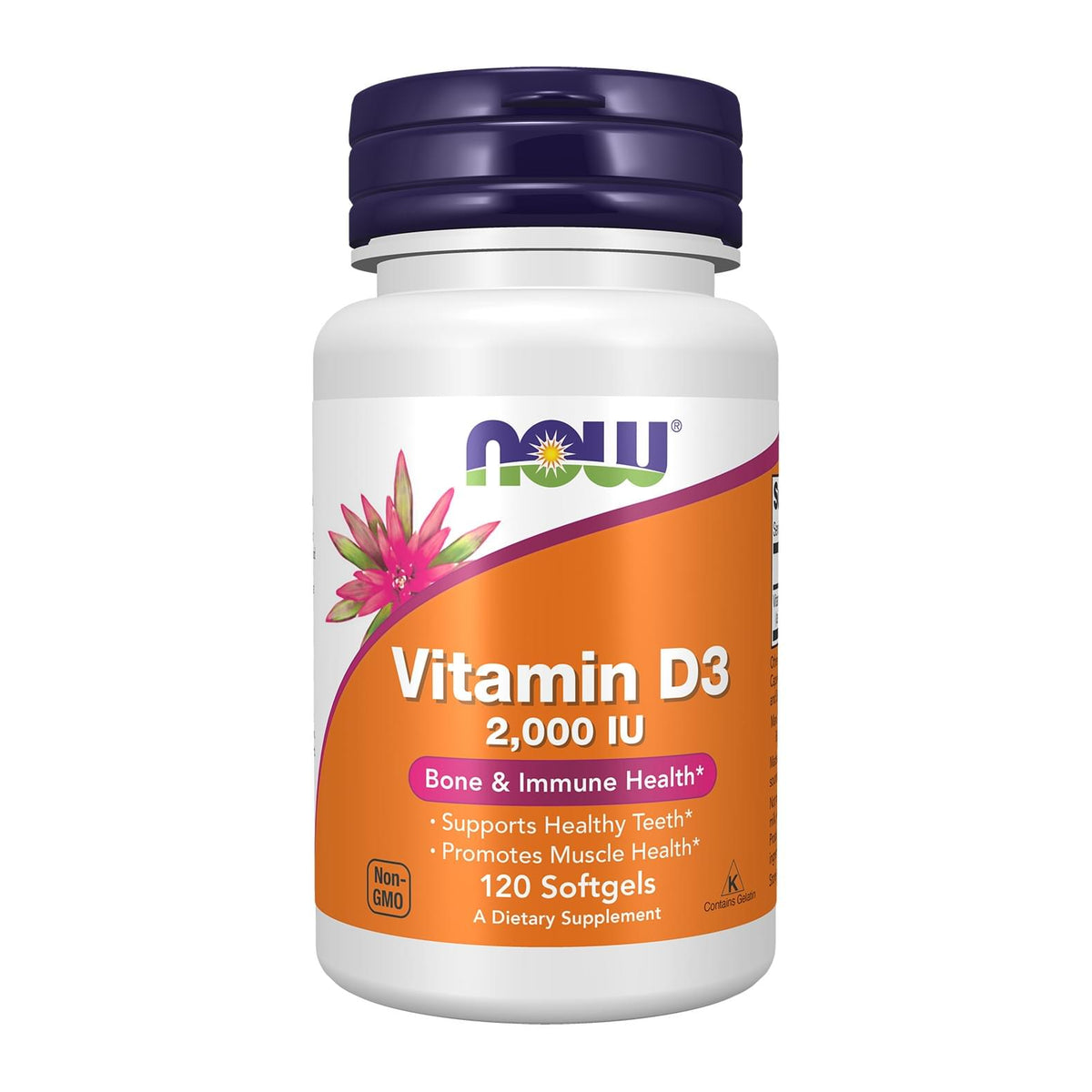 NOW Supplements, Vitamin D-3 2000 IU, front of 120 softgel bottle - Image 3