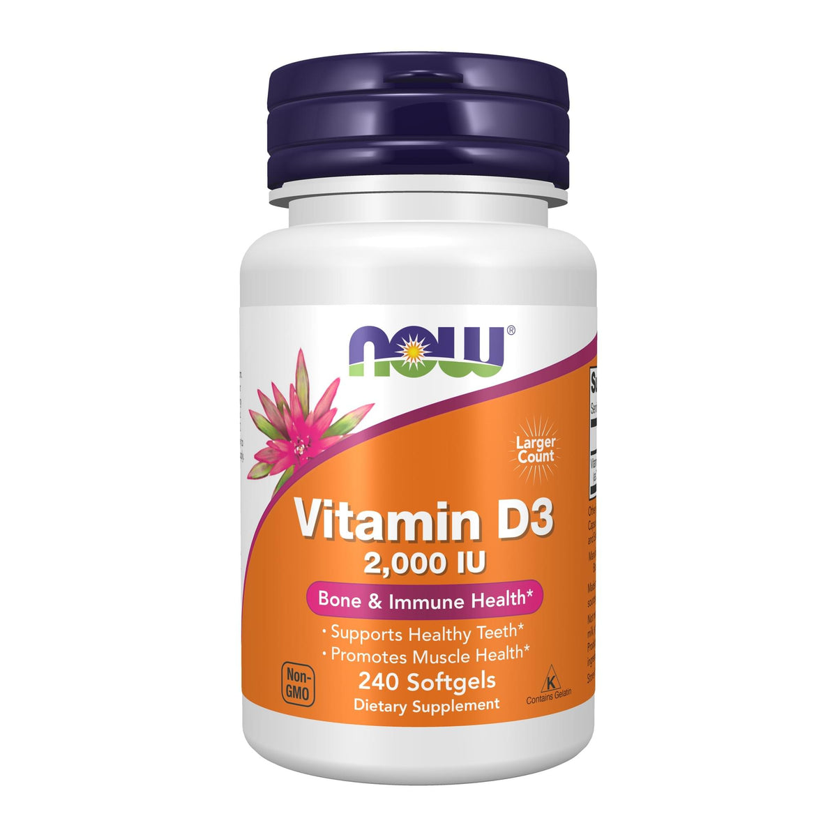 NOW Supplements, Vitamin D-3 2000 IU, front of 240 softgel bottle - Image 2