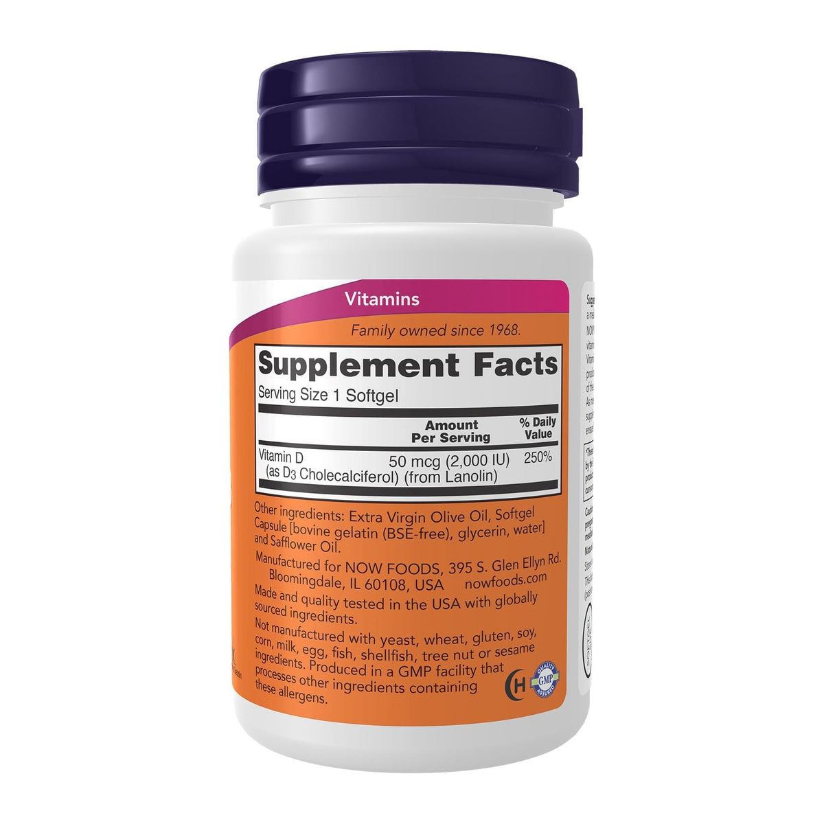NOW Supplements, Vitamin D-3 2000 IU, supplement facts panel - Image 4
