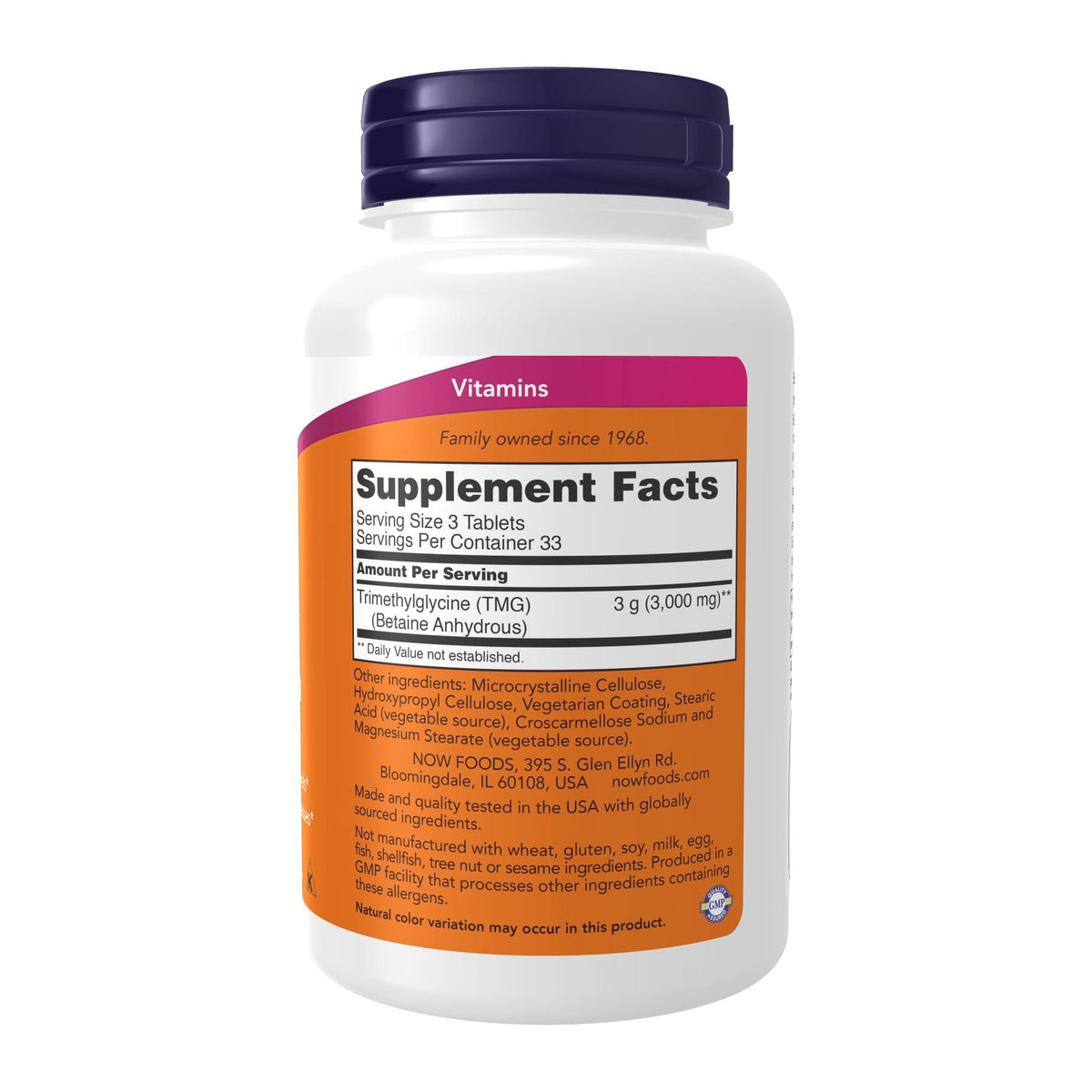 NOW TMG (Trimethylglycine) 1000mg, supplement facts panel - Image 2