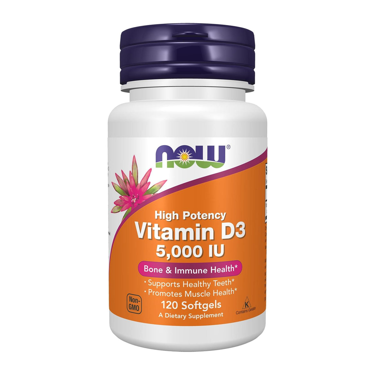 Now Vitamin D-3, 125 mcg (5,000 IU), front of 120 softgel bottle - Image 2