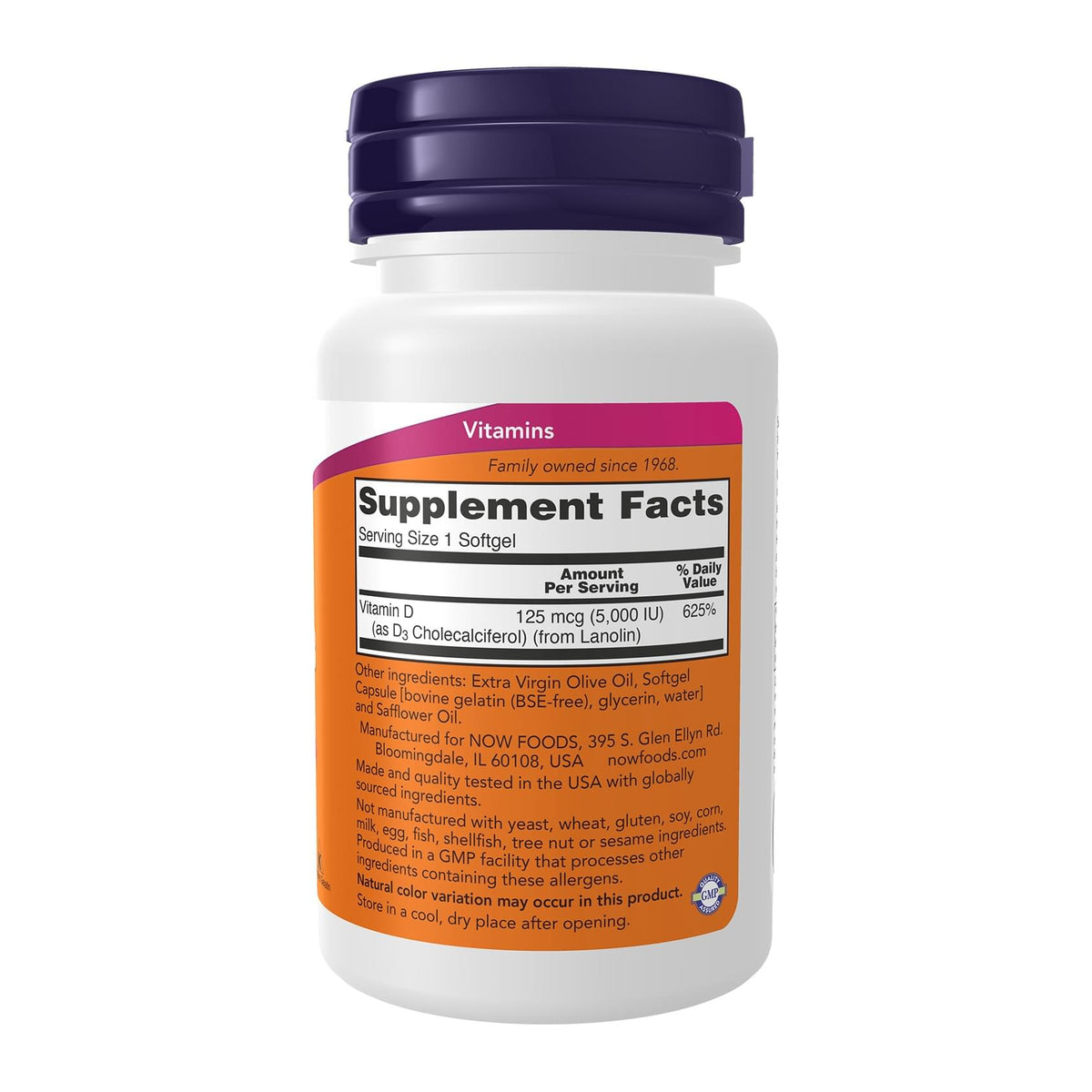 Now Vitamin D-3, 125 mcg (5,000 IU), supplement facts panel - Image 4