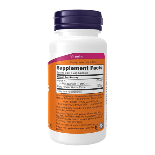 NOW|VITAMIN K-2 100 MCG|100 CAPS, supplement facts panel