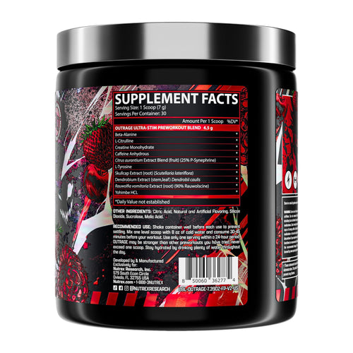Nutrex Outrage Ultra Stim Pre Workout, supplement facts panel (Fruit Punch tub back)