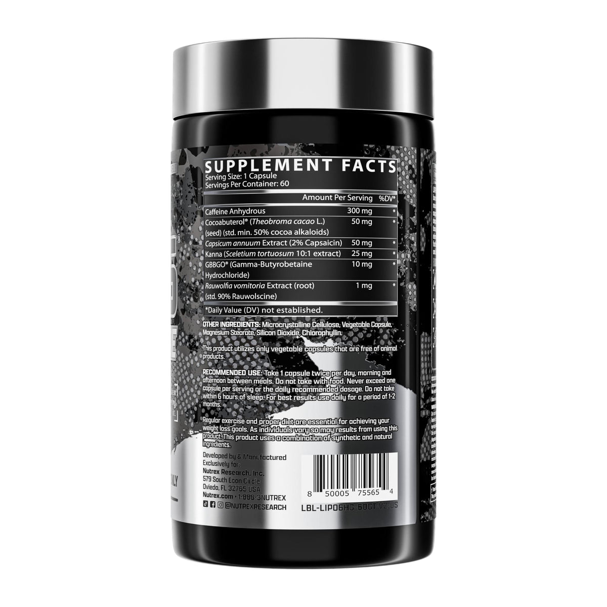 LIPO-6 Hardcore by Nutrex Research, supplement facts panel - Image 2