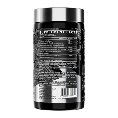 LIPO-6 Hardcore by Nutrex Research, supplement facts panel